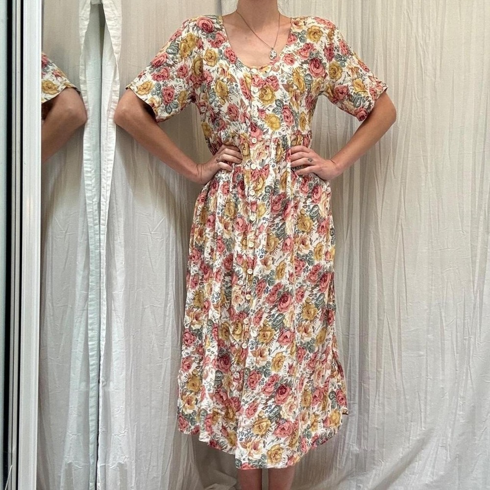 Pink, Green, Cream Rayon Floral Button Down Pleated Dress Revue Small VTG 90s - Picture 2 of 8